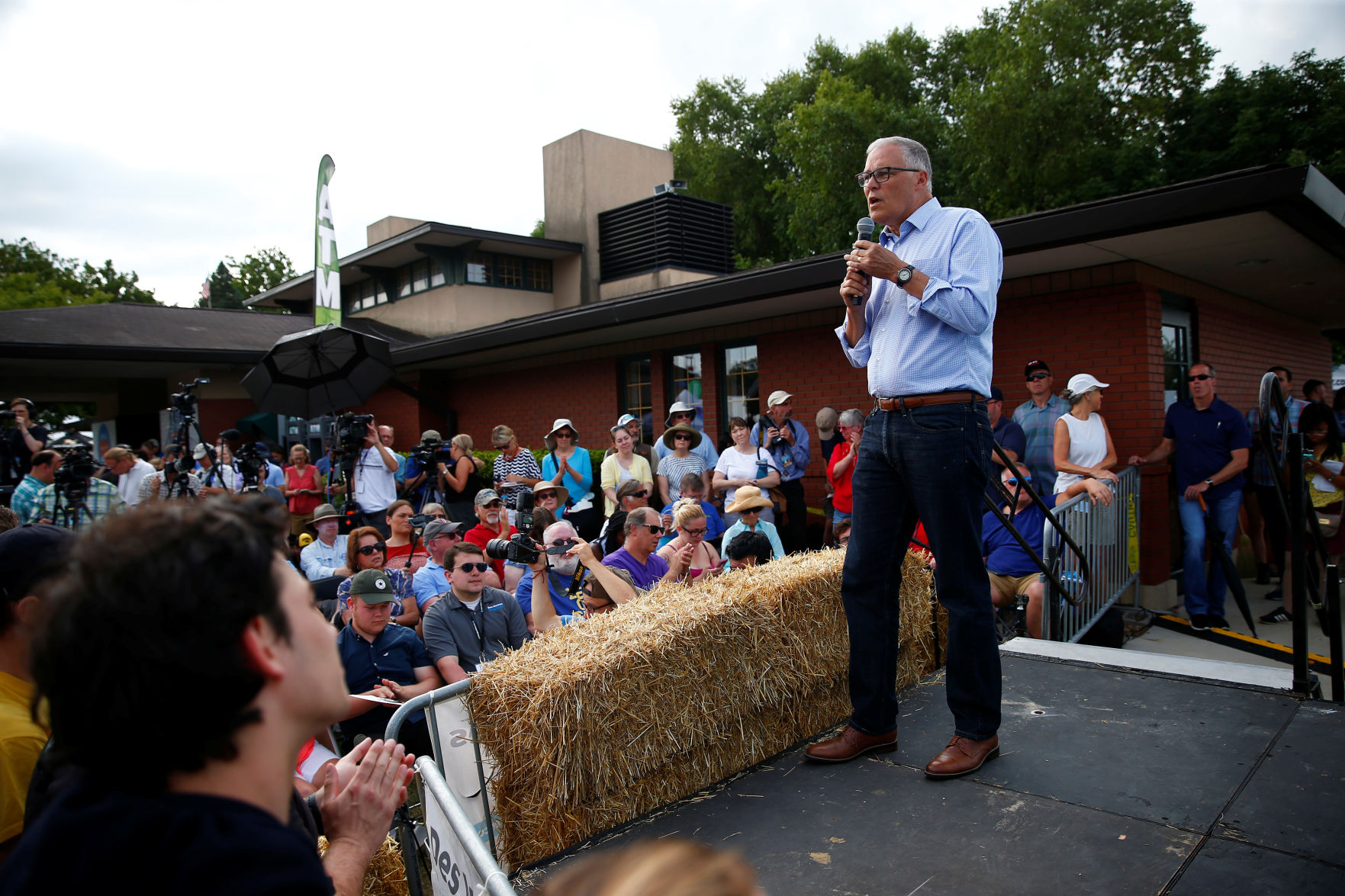 2020 Democratic U.S. presidential candidate and Washington Governor Jay Inslee speaks at the Iowa State Fair in Des Moines